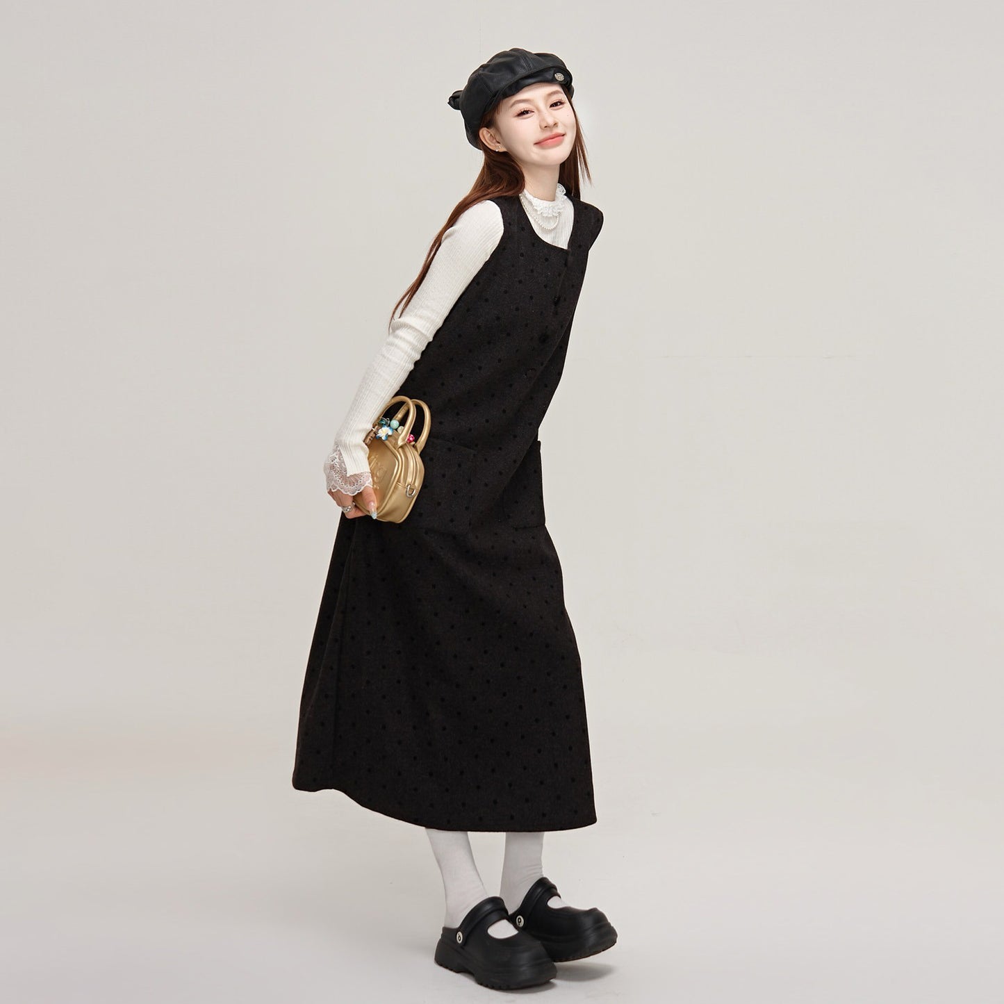 【ワンピース】デザイン重視♡ツイード×ドット柄 ノースリーブ ベストワンピース レディース 秋冬 高見え【JZシリーズ】