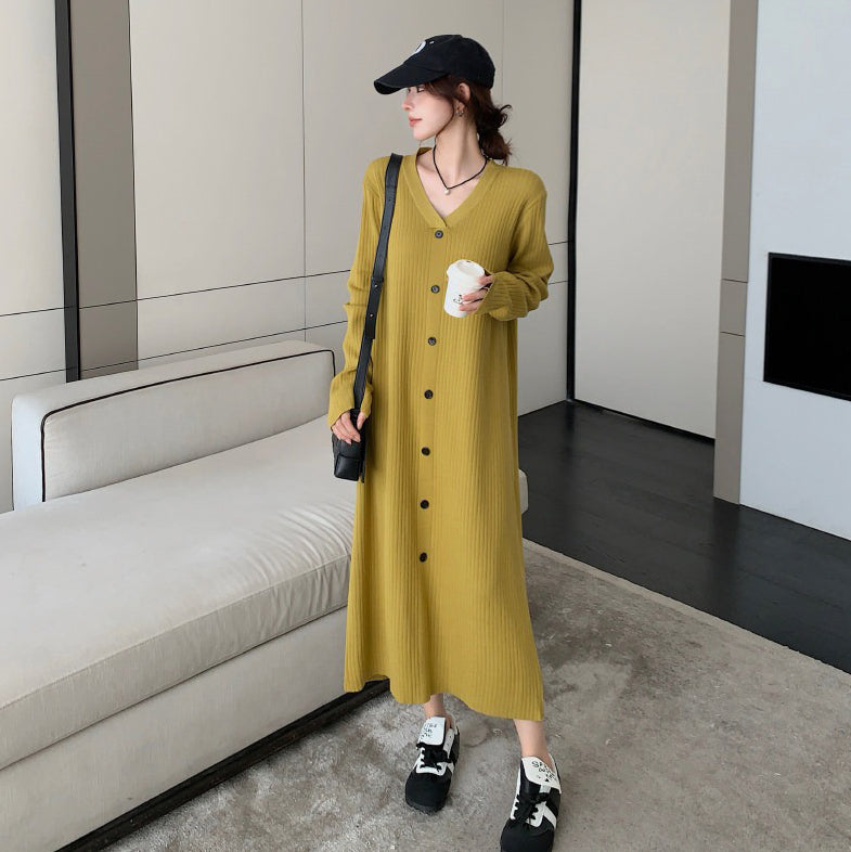 【ワンピース】秋冬Vネックニットロングワンピース レディース 大きいサイズ 縦ストライプ柄 体型カバー レイヤードコーデ【JZシリーズ】