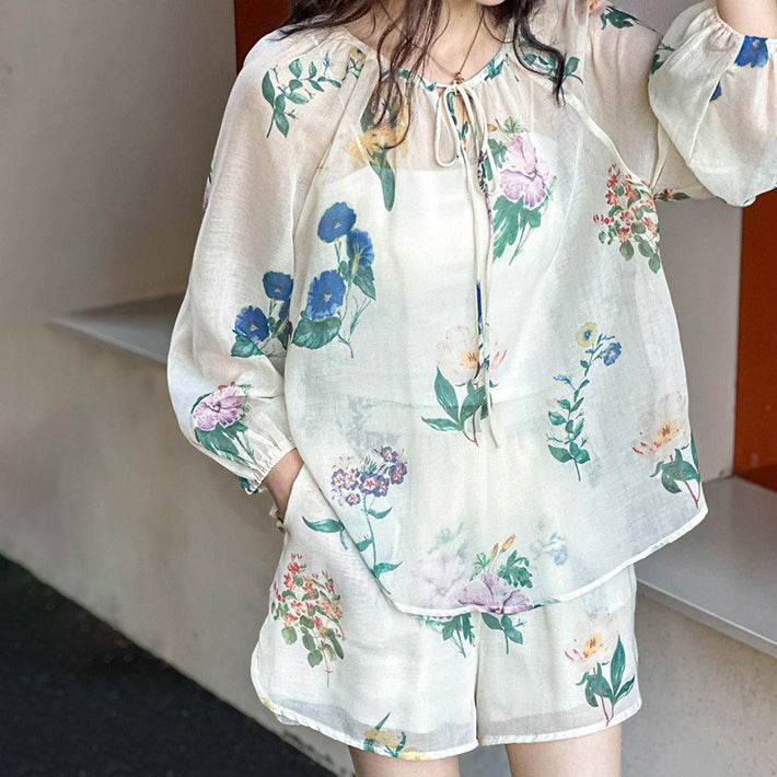 2点セット!【セットアップ】韓国風 ゆったりプリントUVカットシャツ＋ハイウエストショートパンツ 上下セットアップ【SHシリーズ】【JZシリーズ】