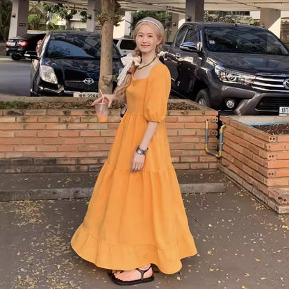 【ワンピース】韓国風 気質 美白効果 スタイルアップ 無地 半袖ワンピース 夏 スイートレディ風 リゾートコーデ