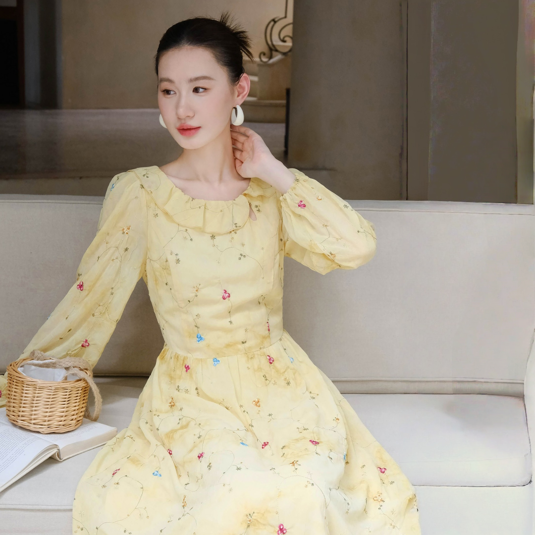 【ワンピース】春 秋 フレンチ風 刺繍入り 長袖 ロング ワンピース 【SHシリーズ】