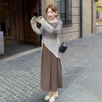 2点セット！【セットアップ】グラデーションニットカーディガンセット ワンピース レディース 韓国風 雰囲気抜群 絶美でユニーク【JZシリーズ】