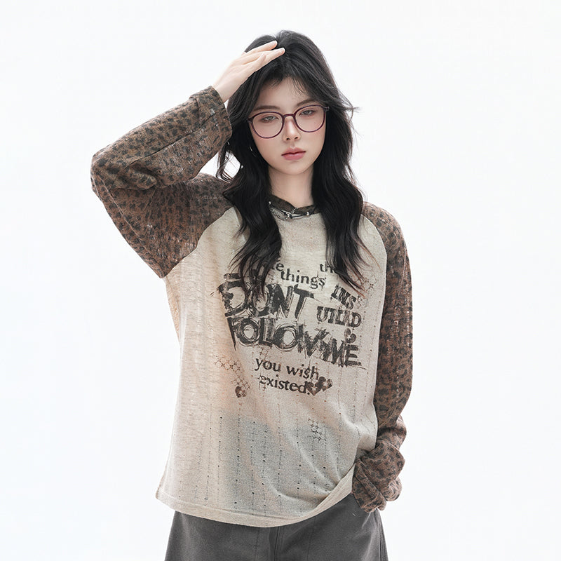 【トップス】ヒョウ柄プリントシアーTシャツ レディース 薄手 長袖 ストリートカジュアル【FCシリーズ】