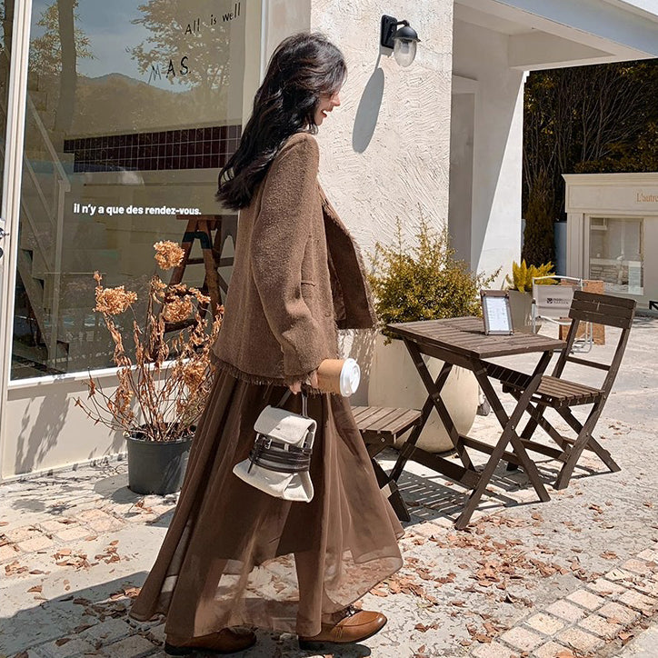 2点セット！【セットアップ】レトロ フレンチスタイル ジャケット＋キャミソールワンピース 秋新作 上品 気質 上下セット【JZシリーズ】