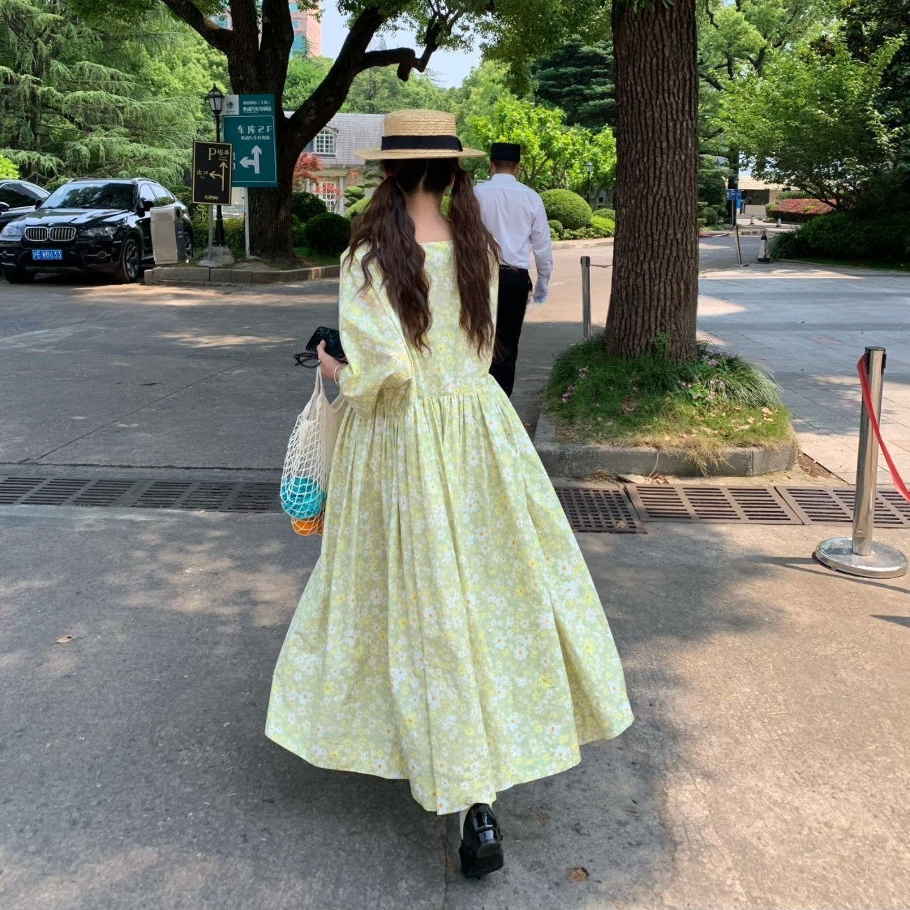 【ワンピース】夏 スクエアネック レトロ 花柄 大振裾 半袖 ワンピース【SHシリーズ】