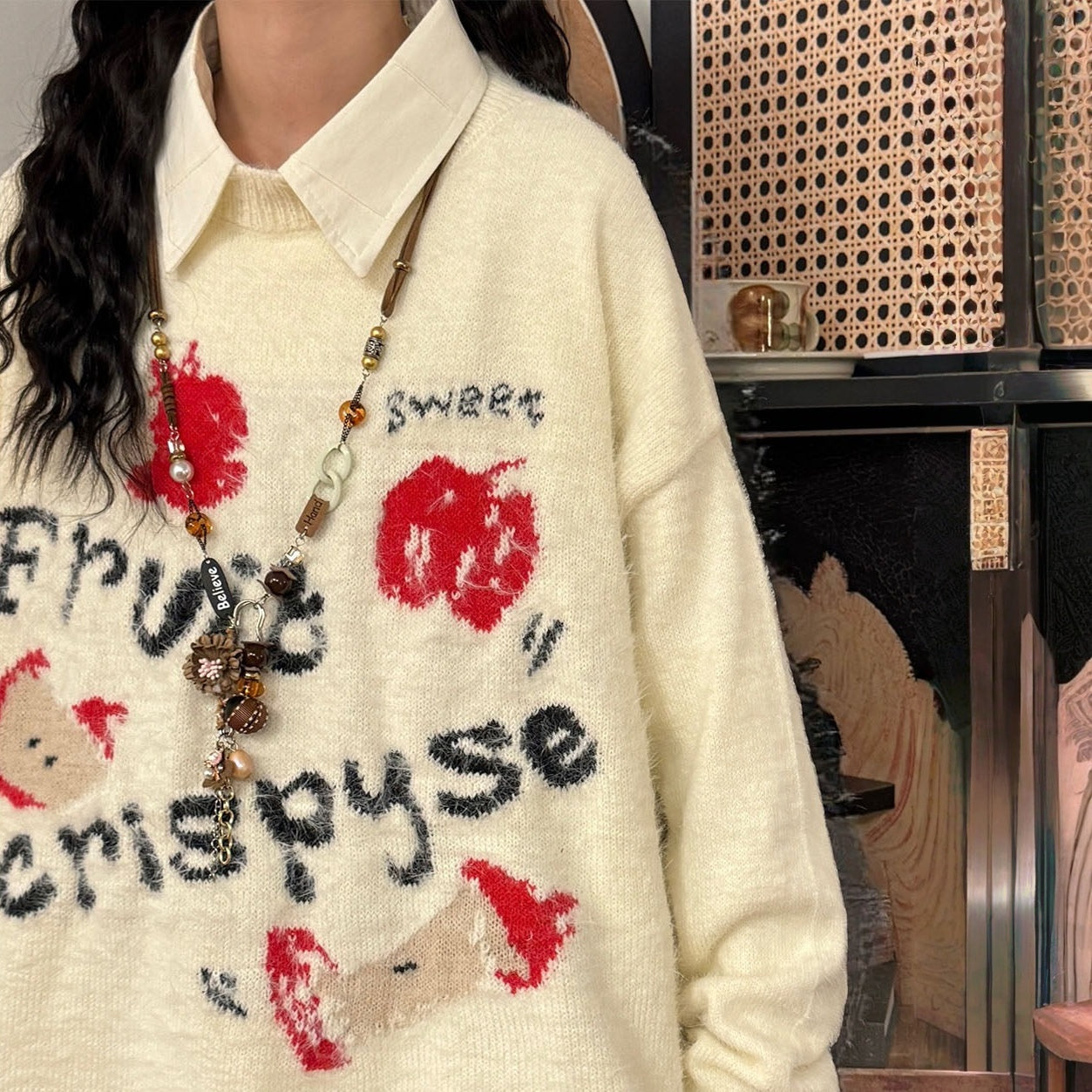 【トップス】もちもち アップル アルファベット 春 秋 冬 プルオーバー セーター 【FCシリーズ】