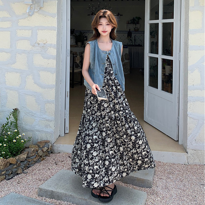 2点セット！【セットアップ】爽やか塩系コーデ◎デニムベスト＋花柄ノースリーブワンピースセット 韓国風リゾートスタイル【SHシリーズ】