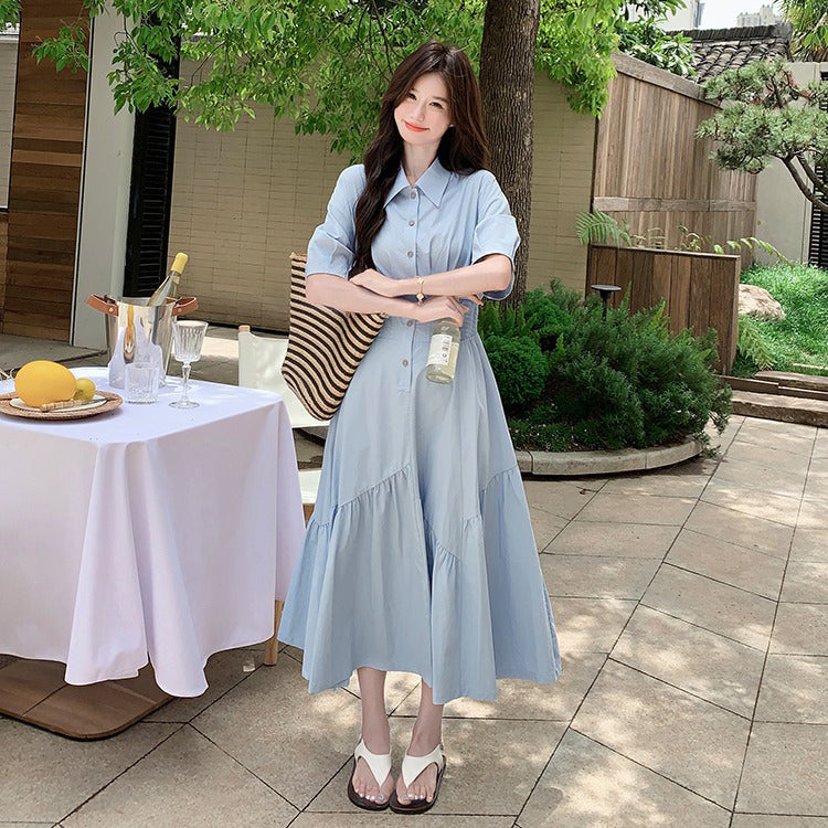 【ワンピース】韓国風 甘めポロ襟マーメイドワンピース 夏 ロング 半袖シャツワンピース【JZシリーズ】