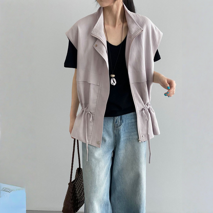 【トップス】スタンドカラー レース切り替え 韓国風 上品な雰囲気 ノースリーブジャケット  ベスト 【JZシリーズ】