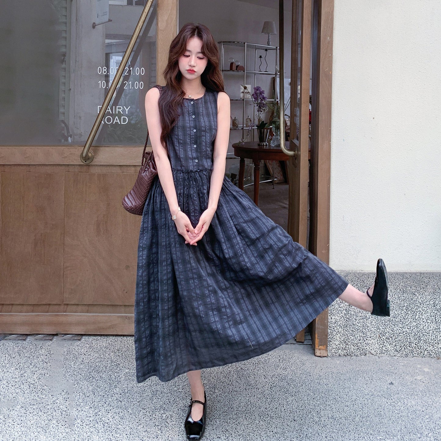 【ワンピース】韓国風 チェック柄 レディース 夏 ノースリーブ ロングワンピース 細見え 大人可愛い【JZシリーズ】