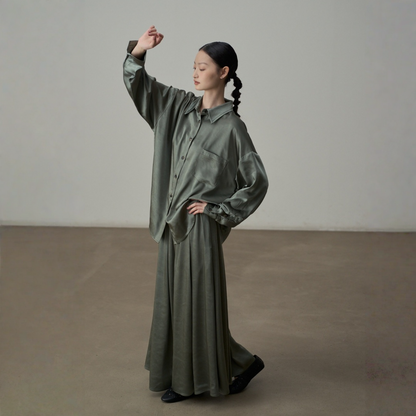 【セットアップ】【単品注文】サテン ゆったり シャツ + フレアプリーツスカート 2点上下セット 【JZシリーズ】