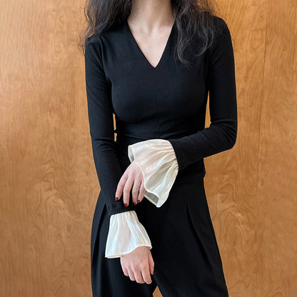 【トップス】春秋冬 Vネック ベルスリーブ 着痩せ ニットセーター【SNシリーズ】