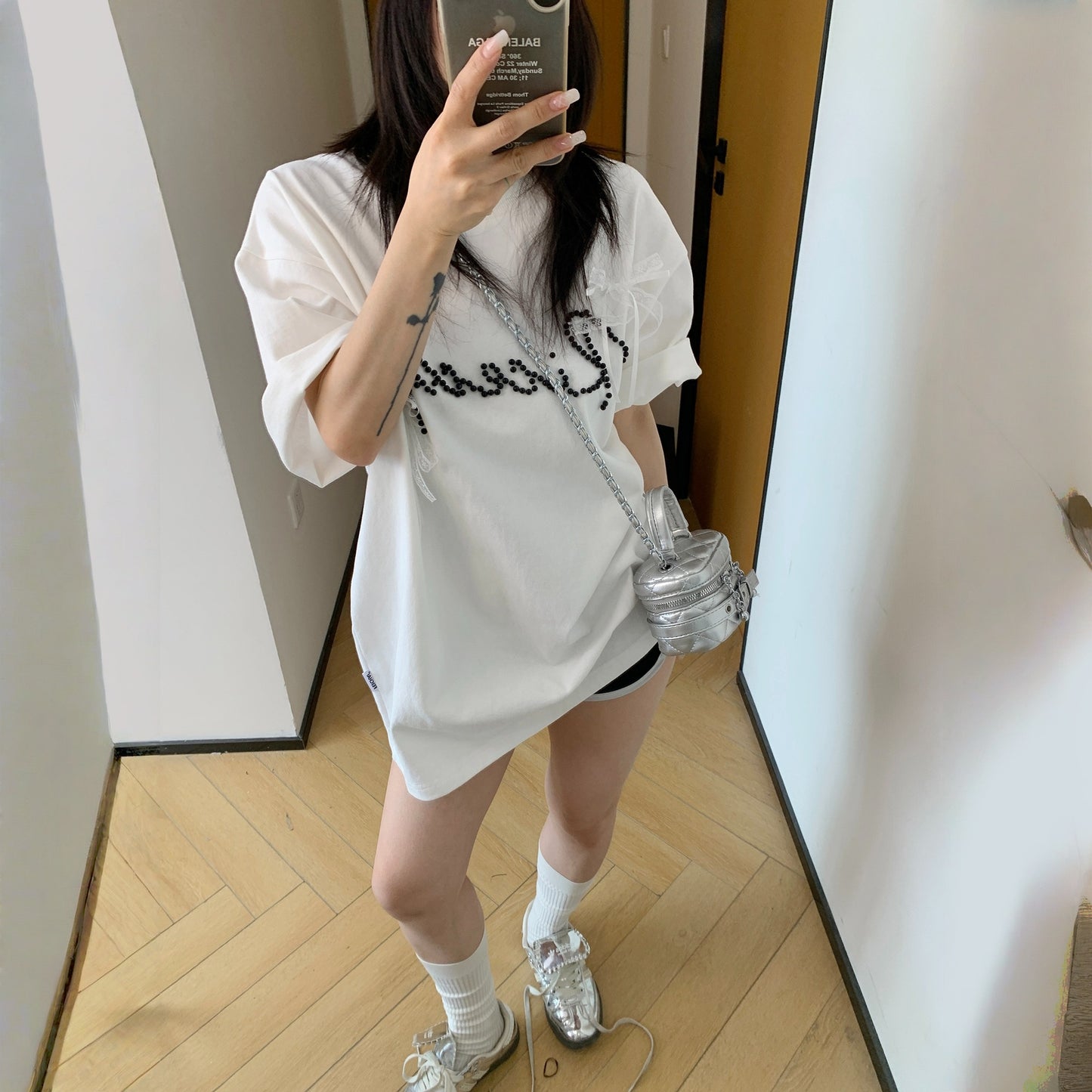 【トップス】夏  リボン ビジュー レース ルーズ 半袖 Ｔシャツ 【FCシリーズ】
