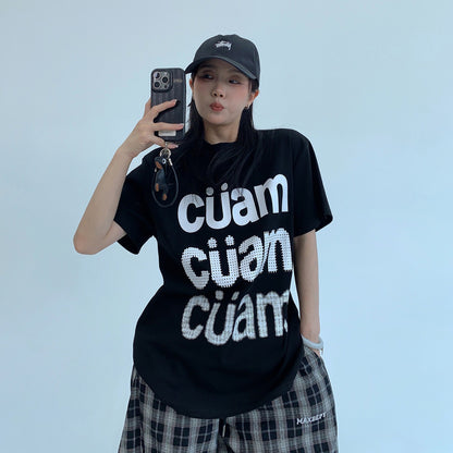 【トップス】カジュアル ロゴプリント クロップドショルダー 半袖Tシャツ【FCシリーズ】