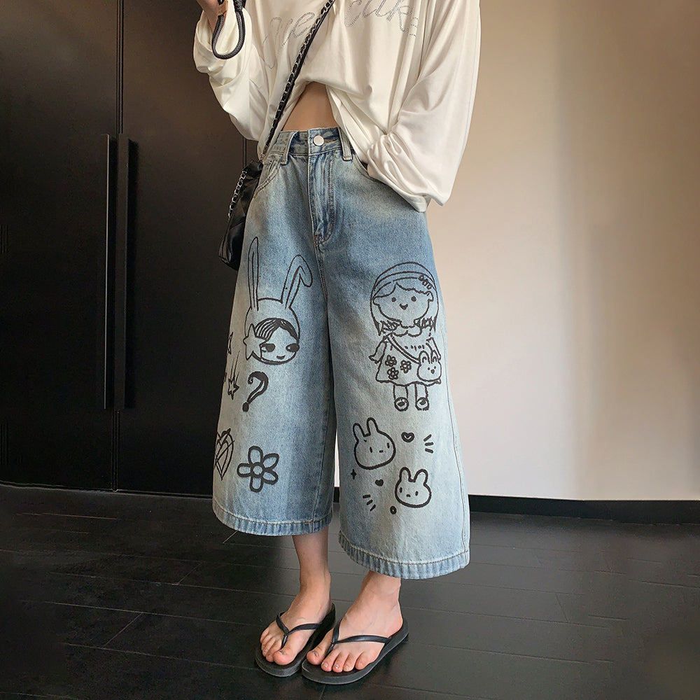 水洗牛仔寬鬆七分褲｜復古印花休閒褲【FC系列】