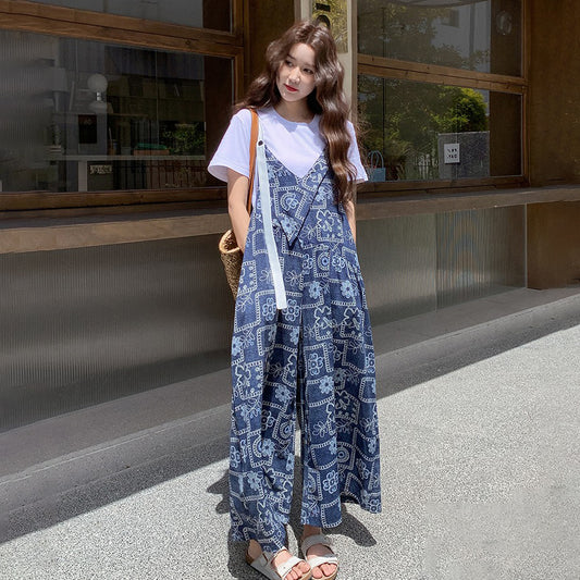 【ボトムス】ゆったりシルエット フラワープリントが可愛い 夏新作 リラックス感たっぷり オールインワン【SHシリーズ】