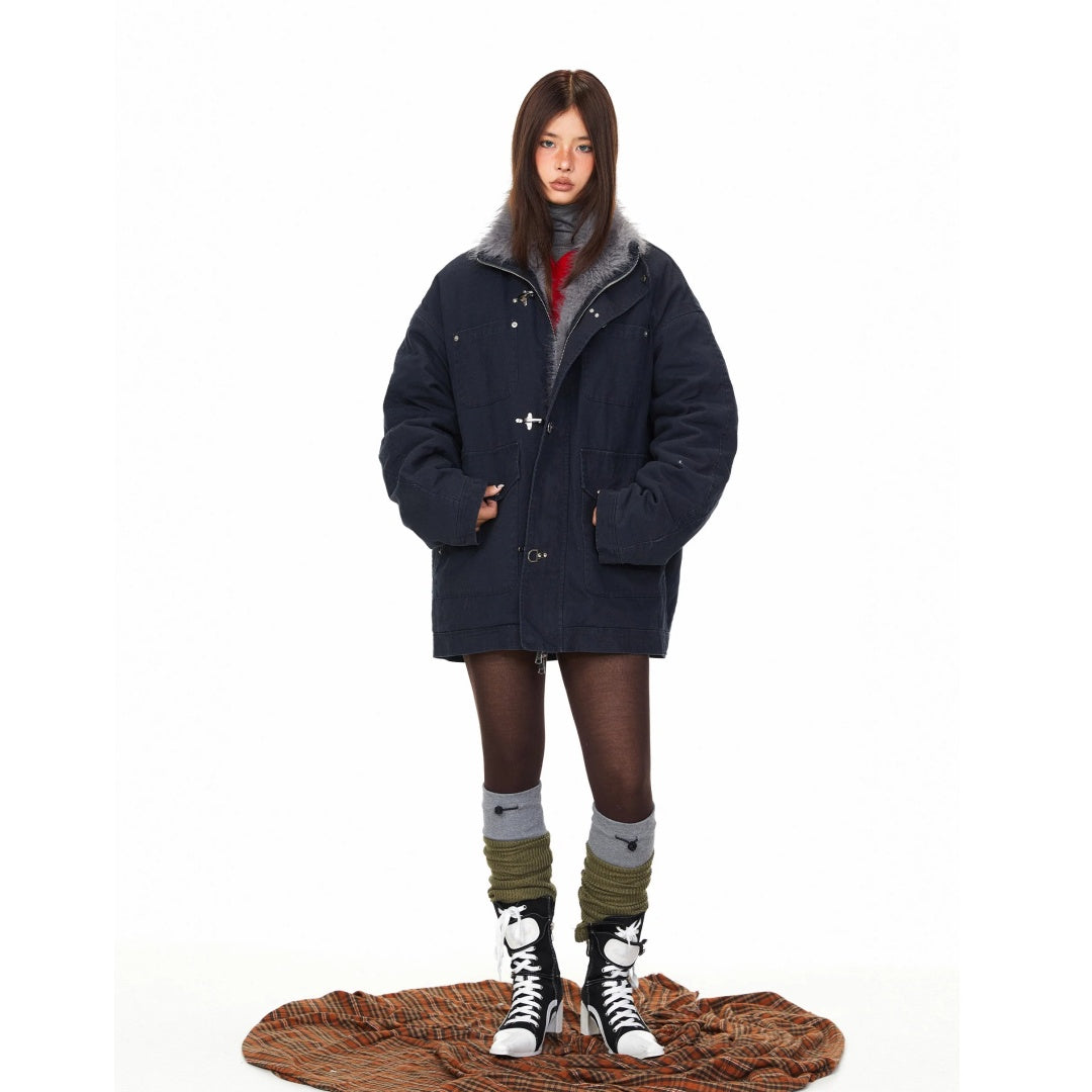 【アウター】フライトバックル 保温性のある ワーク風 ファー襟 綿入れコート 【FCシリーズ】