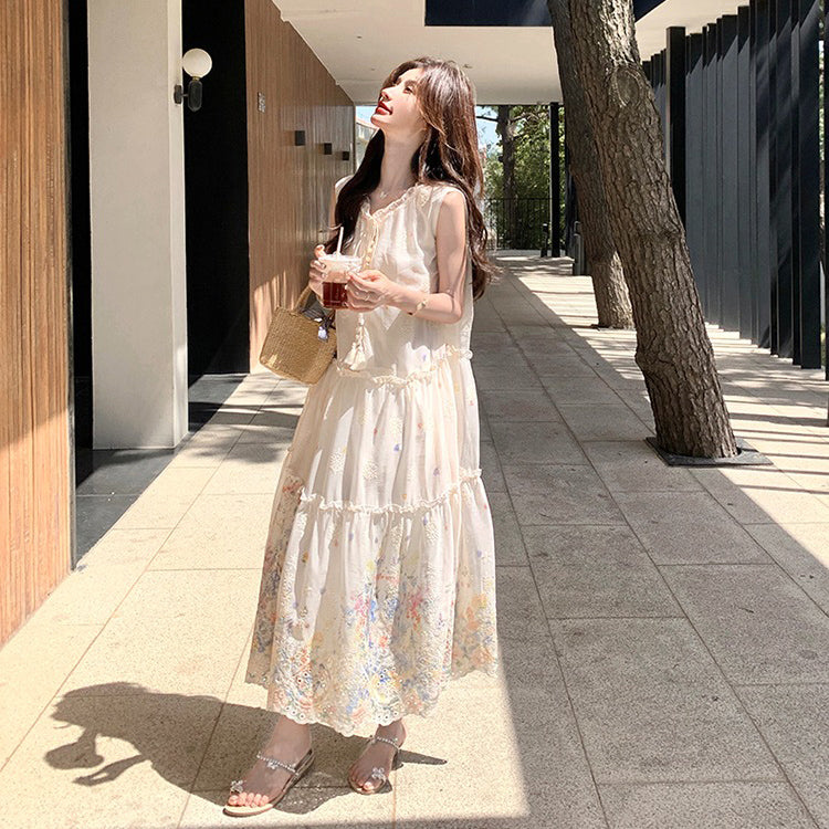 【ワンピース】スイート系 小花柄 ノースリーブ ワンピース 夏 上品 細見え タンク ロングドレス【SHシリーズ】