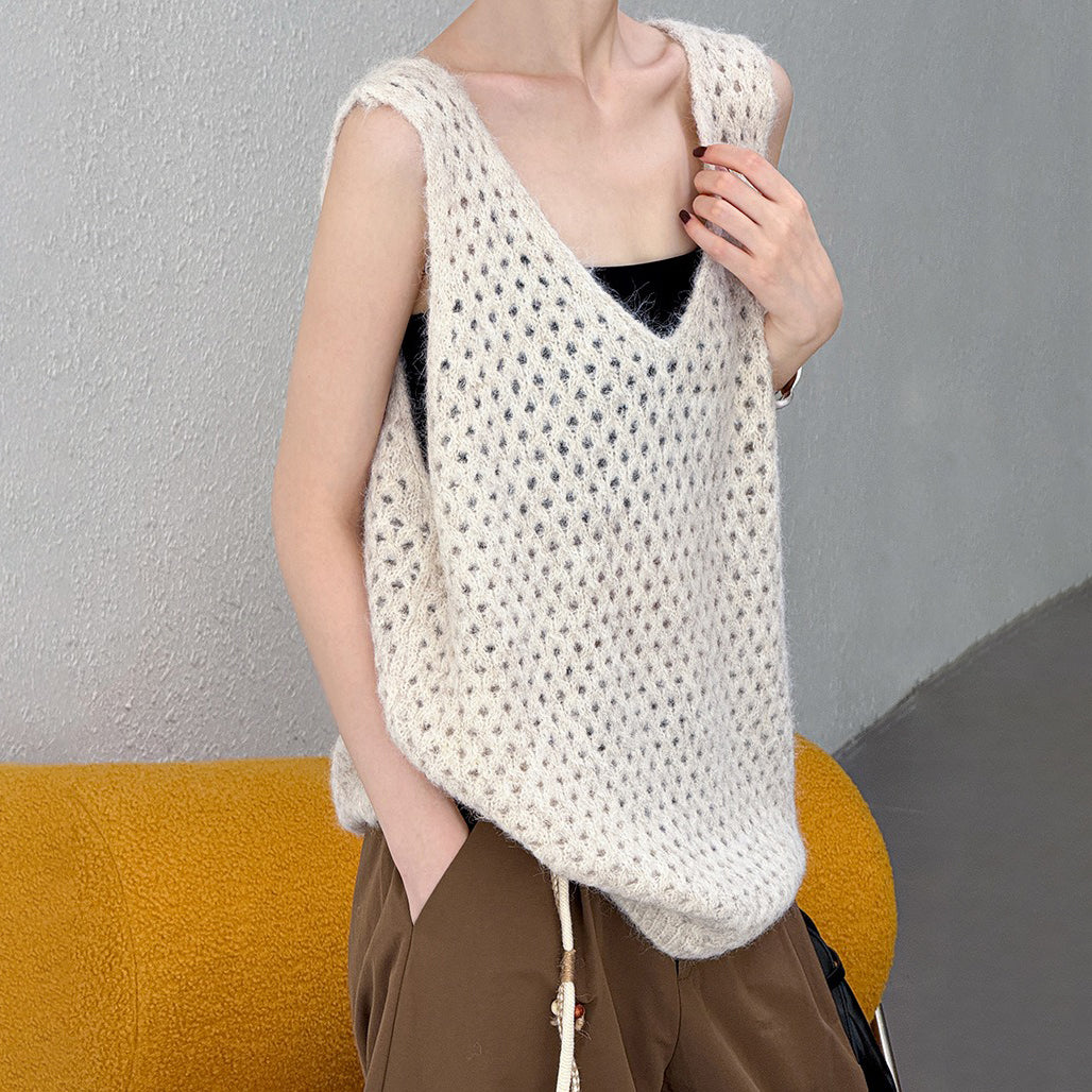 【トップス】秋先取り ゆるっと着られるレイヤードニットベスト 透かしデザイン【JZシリーズ】