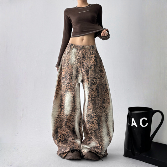 【ボトムス】春 秋 冬 ハイウエスト レオパード柄 細見え パンツ 【FCシリーズ】