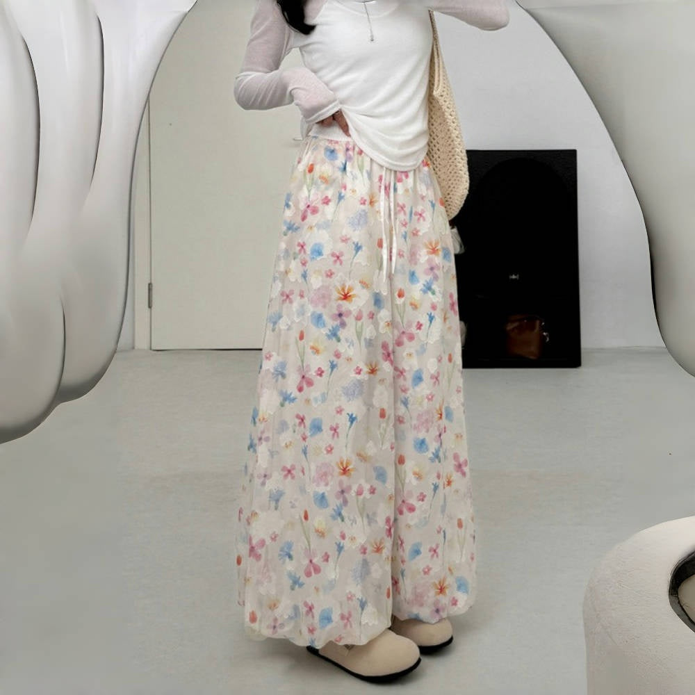 【ボトムス】夏 花柄  ハイウエスト ウエストゴム入り ワイドパンツ 【SHシリーズ】