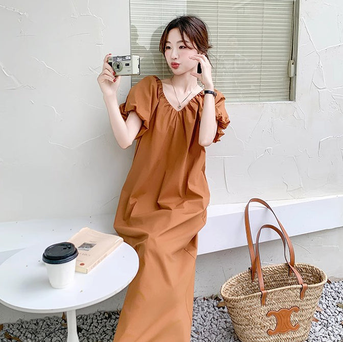 【ワンピース】フレンチ風半袖 ワンピース レディース Vネック 花びら袖 Aライン 夏  ゆったり 体型カバー【JZシリーズ】