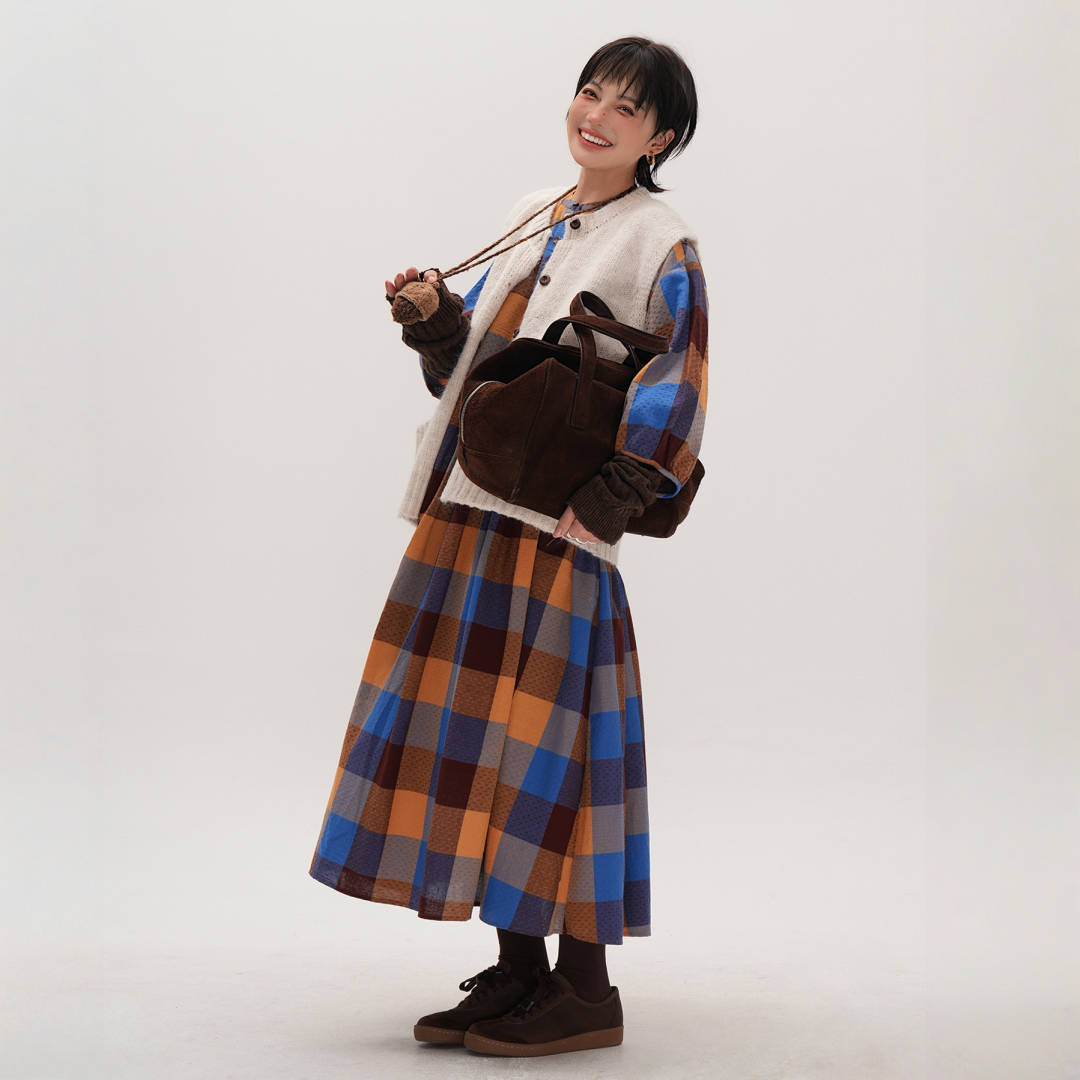 【ワンピース】春 秋 冬 レトロ風 ゆったりチェック柄 ロング ワンピース ワンピース 【JZシリーズ】