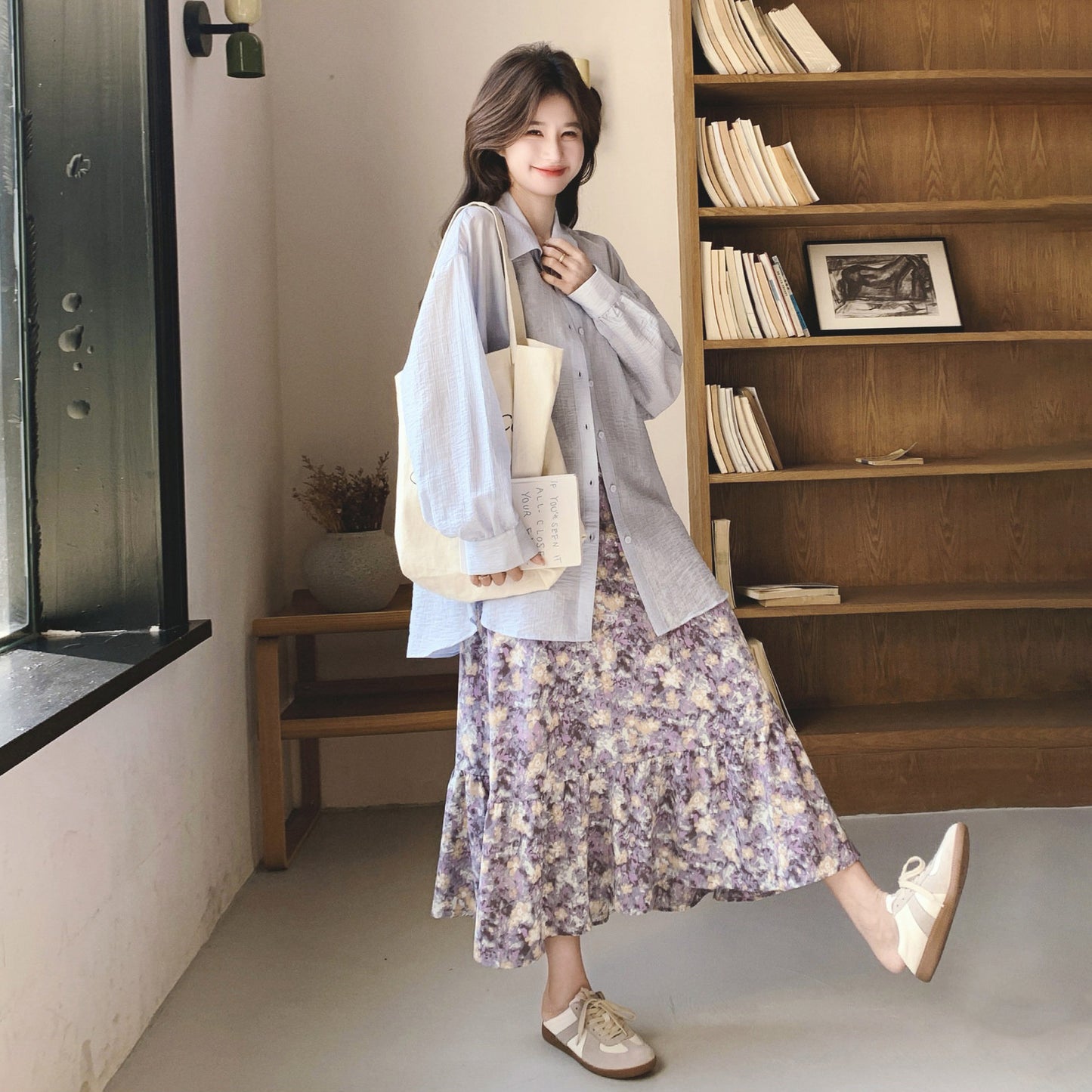 2点セット！【セットアップ】パープル 花柄 キャミワンピース シャツ付き 2点セット フレンチレトロ 日焼け対策 ロングワンピース【SHシリーズ】