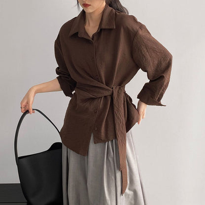 【トップス】ウエストマークで細見え！韓国風デザイン性たっぷりサイドリボンシャツ レディース 通勤エレガント長袖シャツ【JZシリーズ】