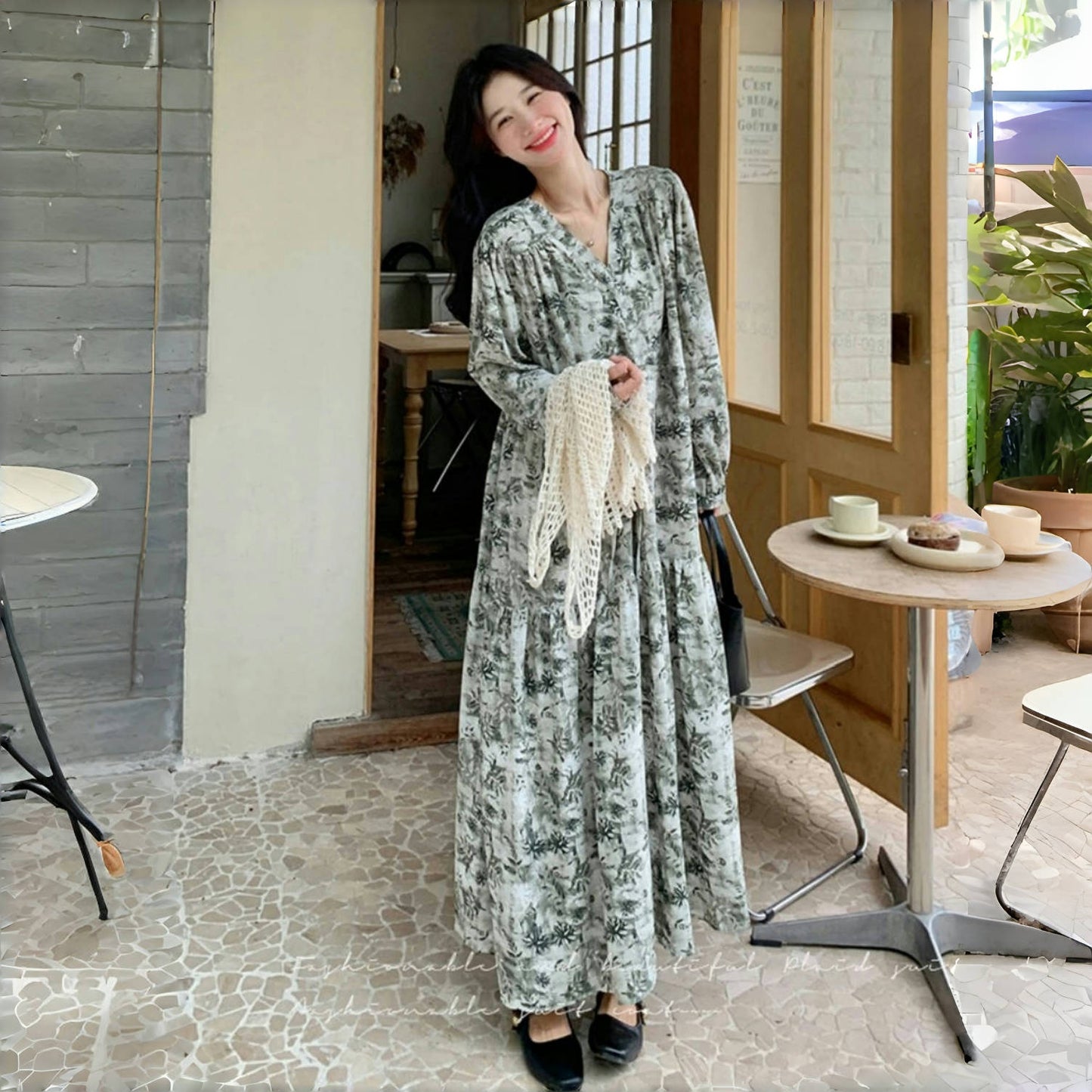 ベストプレゼント！【ワンピース】透かし編み 水墨画風花柄長袖ワンピース レディース 春秋 トレンド 超可愛い【SHシリーズ】