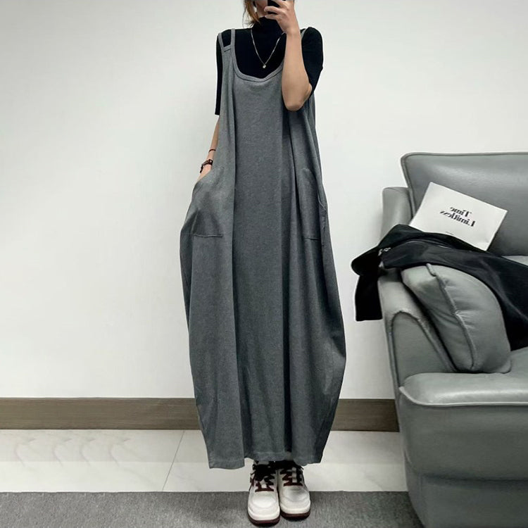[連身裙] 夏季街頭風純色寬鬆輪廓無袖連身裙