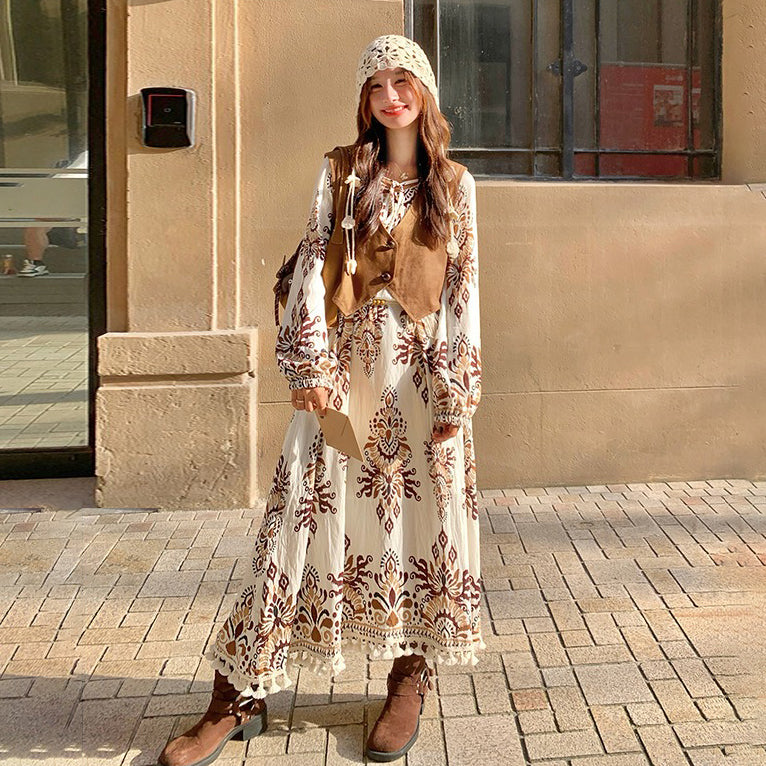 【セットアップ】ボヘミアン民族風ベスト＋花柄ワンピース レディース 春秋 個性的で華やか 絶美長袖ワンピース【SHシリーズ】