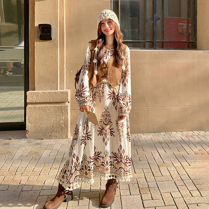 【セットアップ】ボヘミアン民族風ベスト＋花柄ワンピース レディース 春秋 個性的で華やか 絶美長袖ワンピース【SHシリーズ】