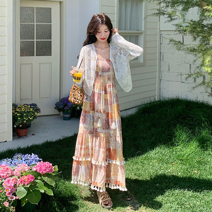 2点セット！【セットアップ】ヴィンテージエレガンス リゾート風 カーディガン＋ノースリーブワンピース セット【SHシリーズ】