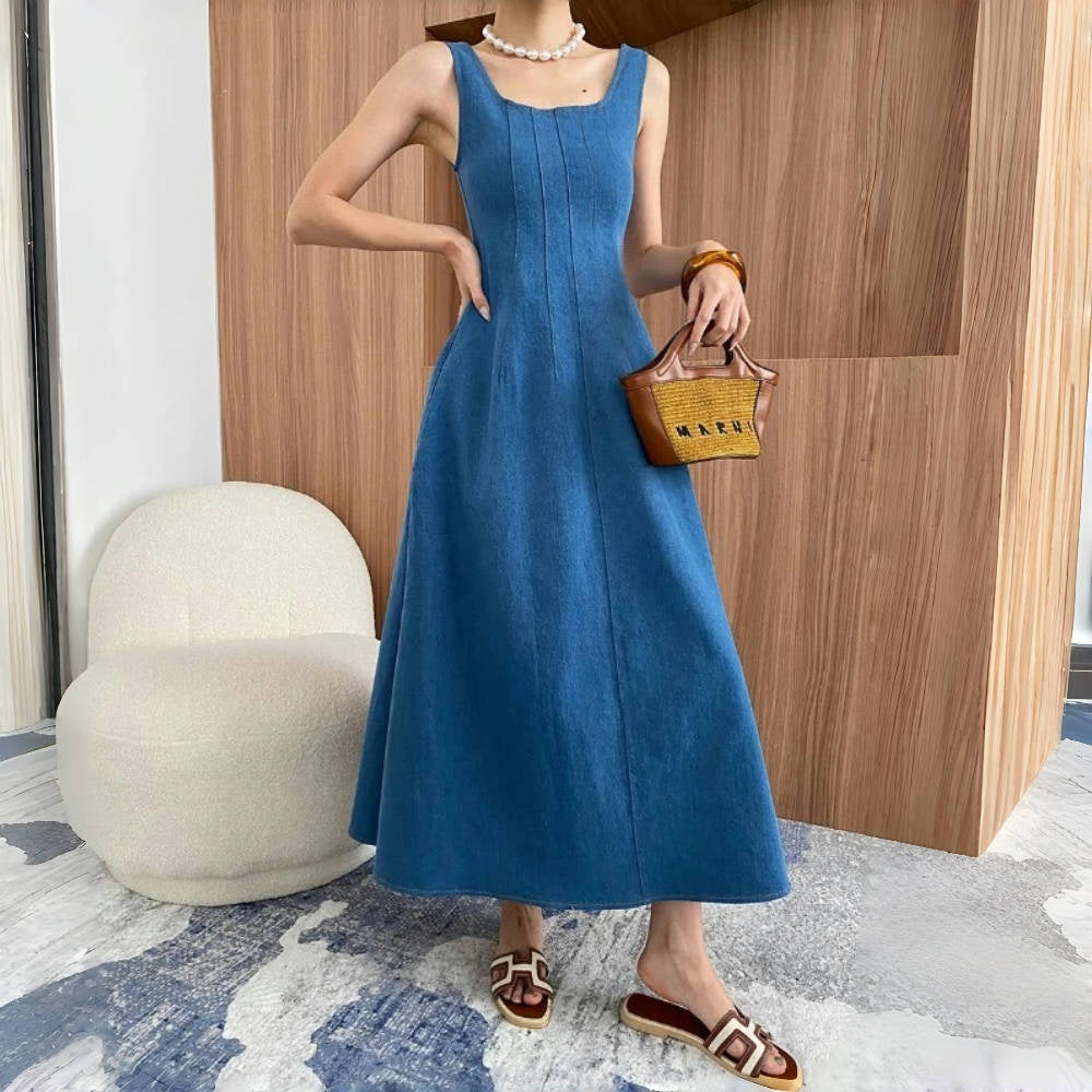 【ワンピース】夏 エレガント スクエアネック デニム ノースリーブ ワンピース 【SNシリーズ】