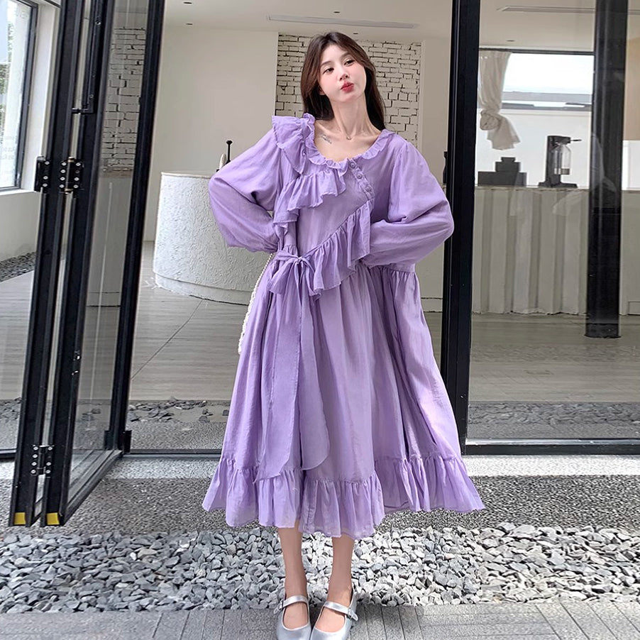 【ワンピース】フレンチ風パープルワンピース レディース 長袖 ロング丈 春夏秋 柔らかい雰囲気【JZシリーズ】