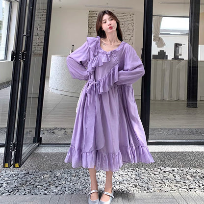 【ワンピース】フレンチ風パープルワンピース レディース 長袖 ロング丈 春夏秋 柔らかい雰囲気【JZシリーズ】