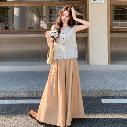 2点セット！【セットアップ】刺繍 レース カットワーク ベスト＋ワイドパンツ セット レディース 夏新作 2点セット きれいめ 体型カバー 上下セット【JZシリーズ】