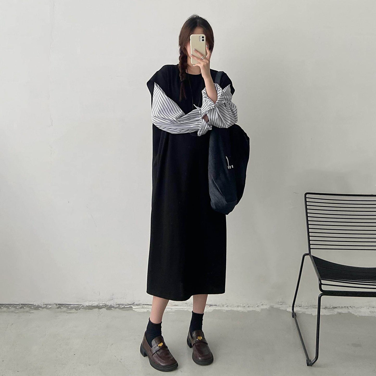 【ワンピース】デザイン感 長袖 フェイクレイヤードワンピース レディース 切替 大きめサイズ ロングドレス【JZシリーズ】