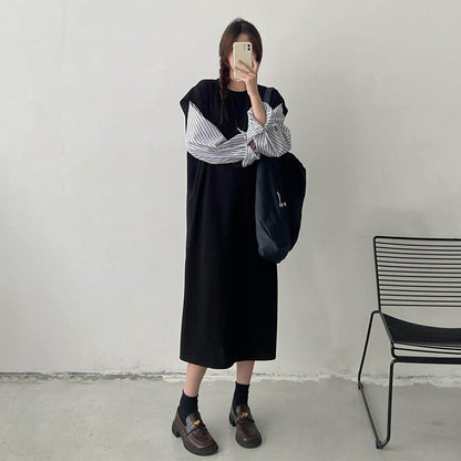 【ワンピース】デザイン感 長袖 フェイクレイヤードワンピース レディース 切替 大きめサイズ ロングドレス【JZシリーズ】