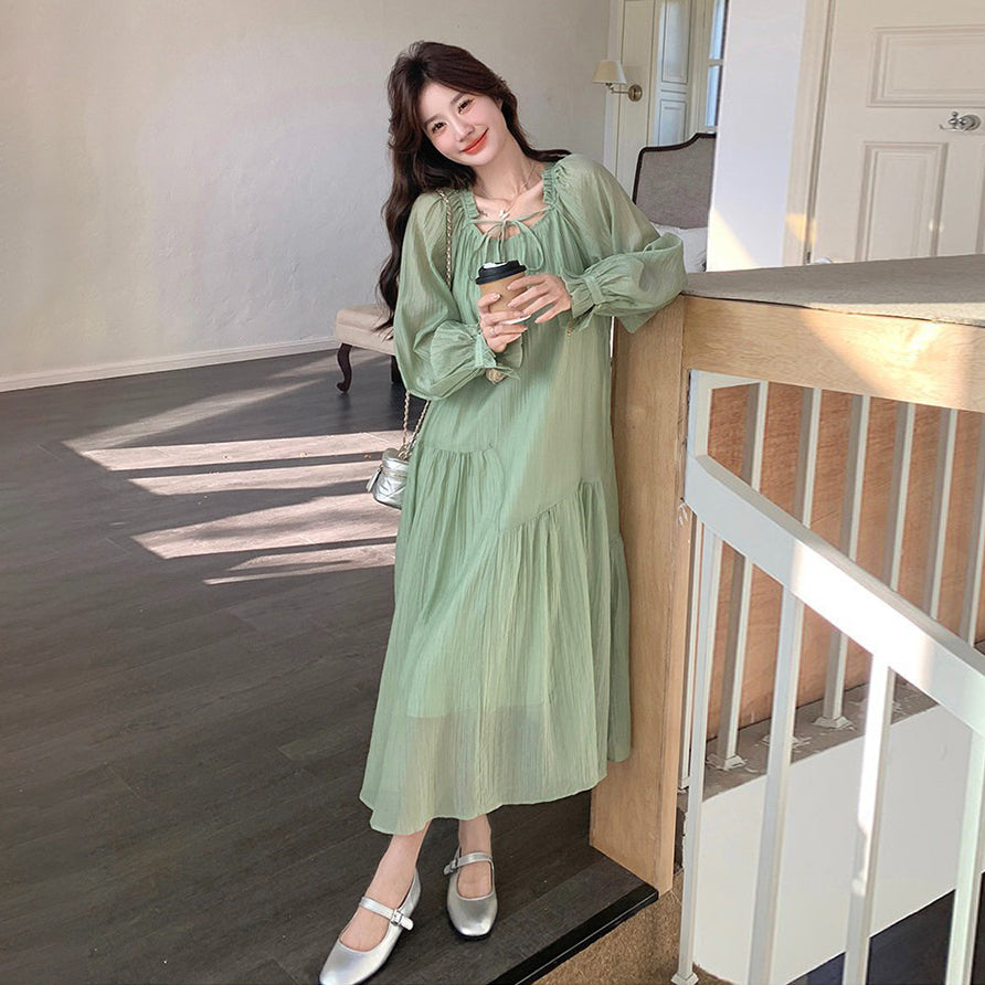 【ワンピース】グリーン フレンチ風ロマンティックワンピース新作 長袖 絶美ロングドレス【JZシリーズ】