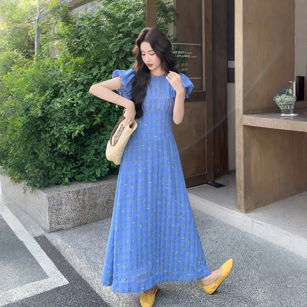 【ワンピース】配色デザイン 小花柄 パフスリーブ Aラインワンピース 【SHシリーズ】
