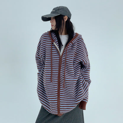 【アウター】春 秋 冬 ボーダー 厚手 フード付き ゆる感 ジャケット 【FCシリーズ】