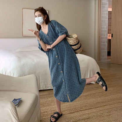 【ワンピース】夏 リラックス感 Vネック デニム半袖ワンピース 薄手 レディース ゆったりカジュアルロング丈【JZシリーズ】