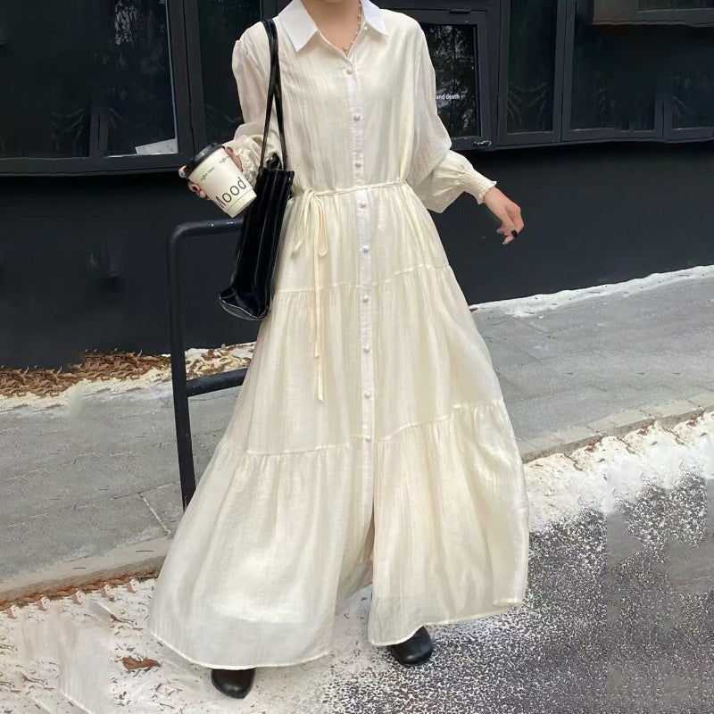 【ワンピース】7カラー 韓国風 ゆったり 大きめサイズ シングルボタン エレガント 長袖ワンピース