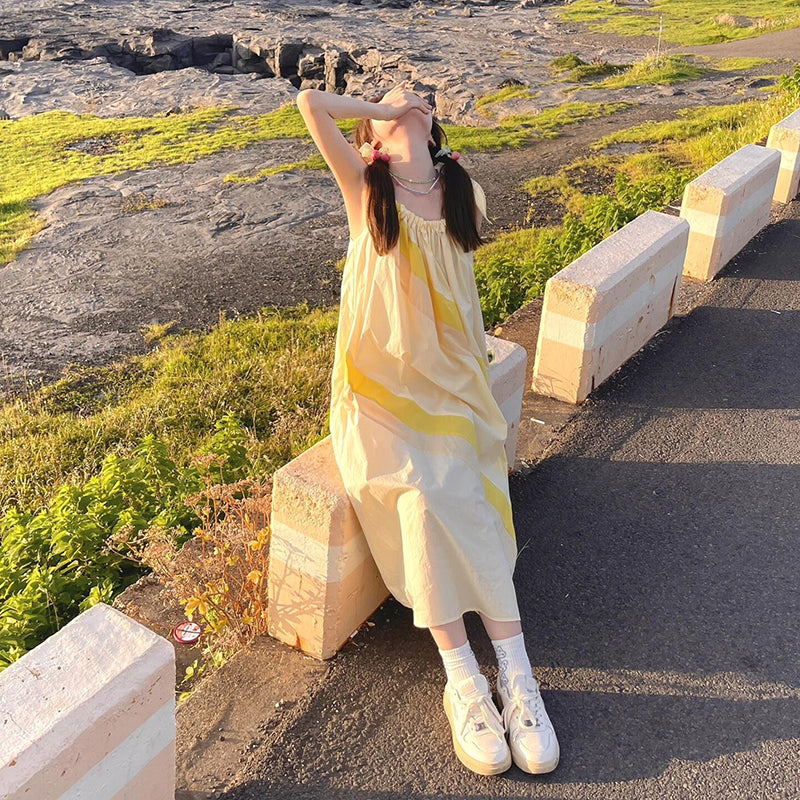 【ワンピース】配色キャミワンピース レディース リゾート風 ゆったり ロング丈 ビーチドレス 夏ワンピース【SHシリーズ】