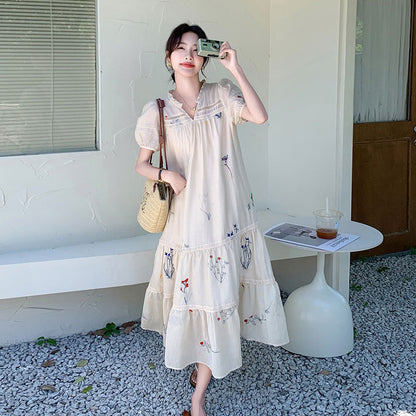 【ワンピース】フレンチレトロ 刺繍花柄ワンピース レディース ミモレ丈 ゆったり 体型カバー 着痩せ Aライン 夏ワンピース【SHシリーズ】