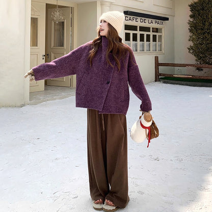 【アウター】💜トレンド感満載！ラベンダーカラーのコート！上品な雰囲気 ウールコート レディース 秋冬  韓国風 レトロ おしゃれ ショートジャケット【JZシリーズ】