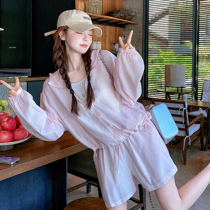 3点セット！【セットアップ】ゆる感たっぷり♡韓国風ピンクUVカットアウター+キャミ＋ショーパンセットアップ 夏の注目 上下セット【JZシリーズ】