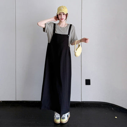 【ワンピース】これ1枚でコーデ完成✨フェイクレイヤード ワンピース 半袖 ロング丈 ゆったり 体型カバー 夏ワンピ【JZシリーズ】